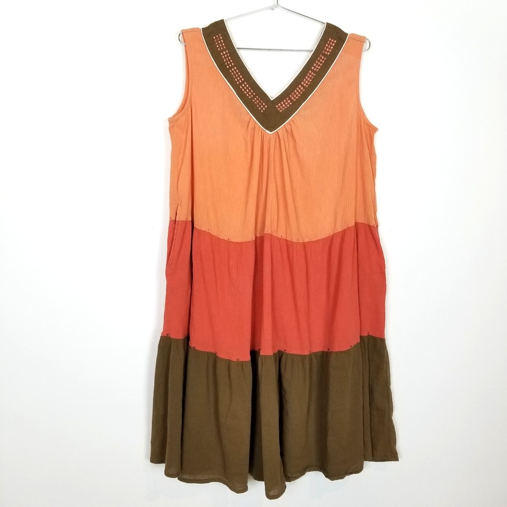 Only Necessities Midi Dress Sz 1X  Women's Tired  Boho Colorblock‎ Cotton Summer